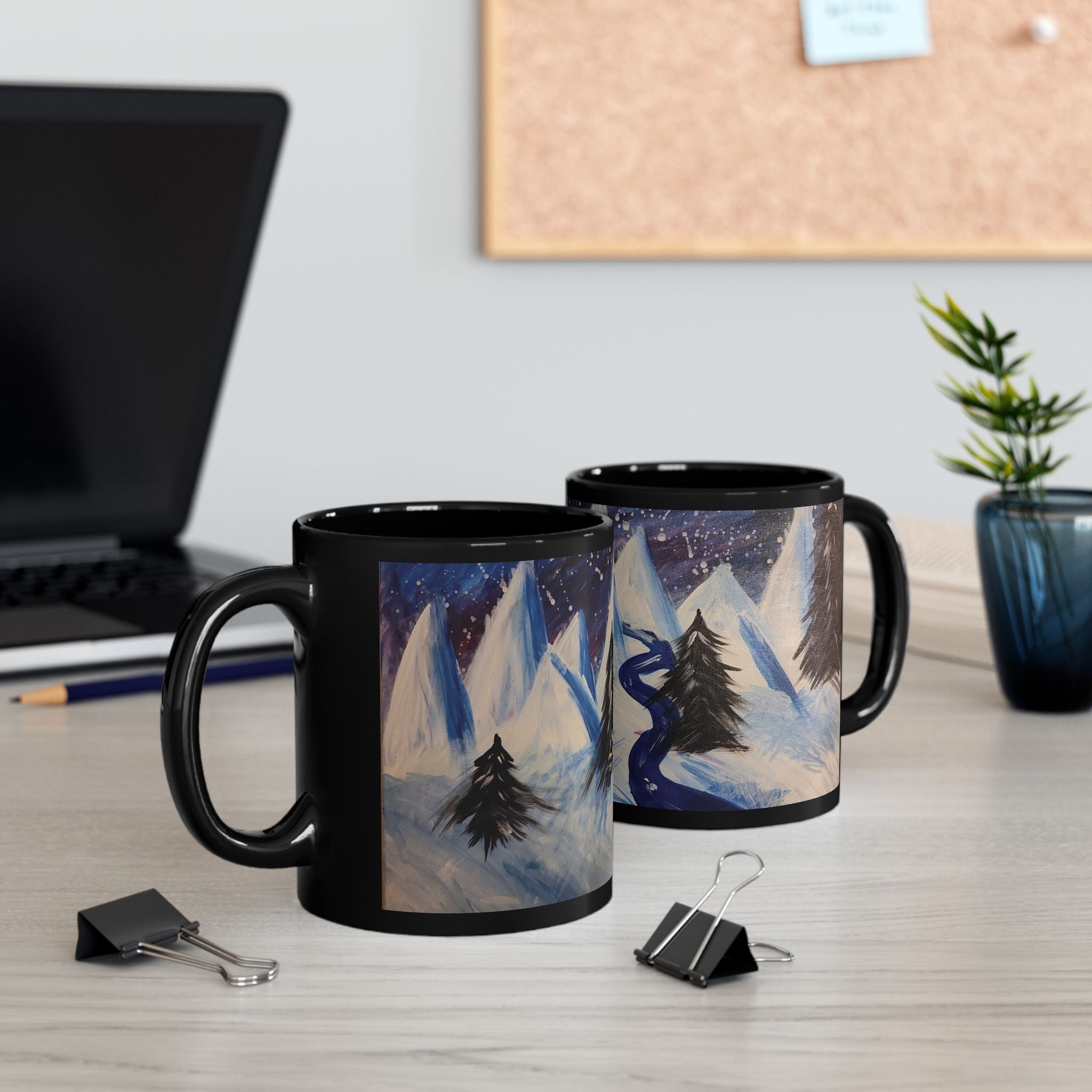 Wintery Scene Black Mug — Abstract Snowy Peaks (11oz & 15oz)