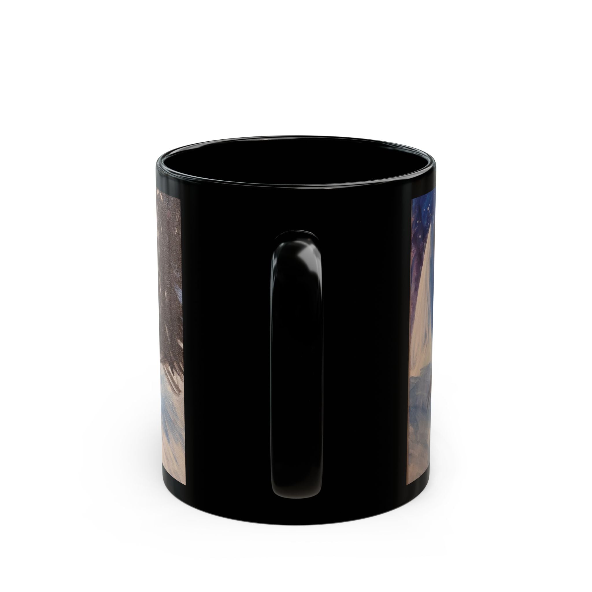 Wintery Scene Black Mug — Abstract Snowy Peaks (11oz & 15oz)