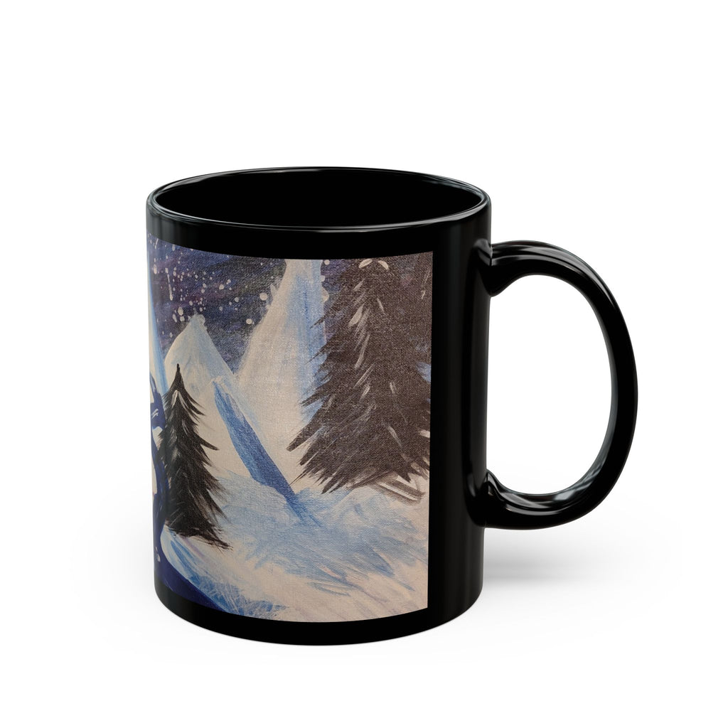 Wintery Scene Black Mug — Abstract Snowy Peaks (11oz & 15oz)