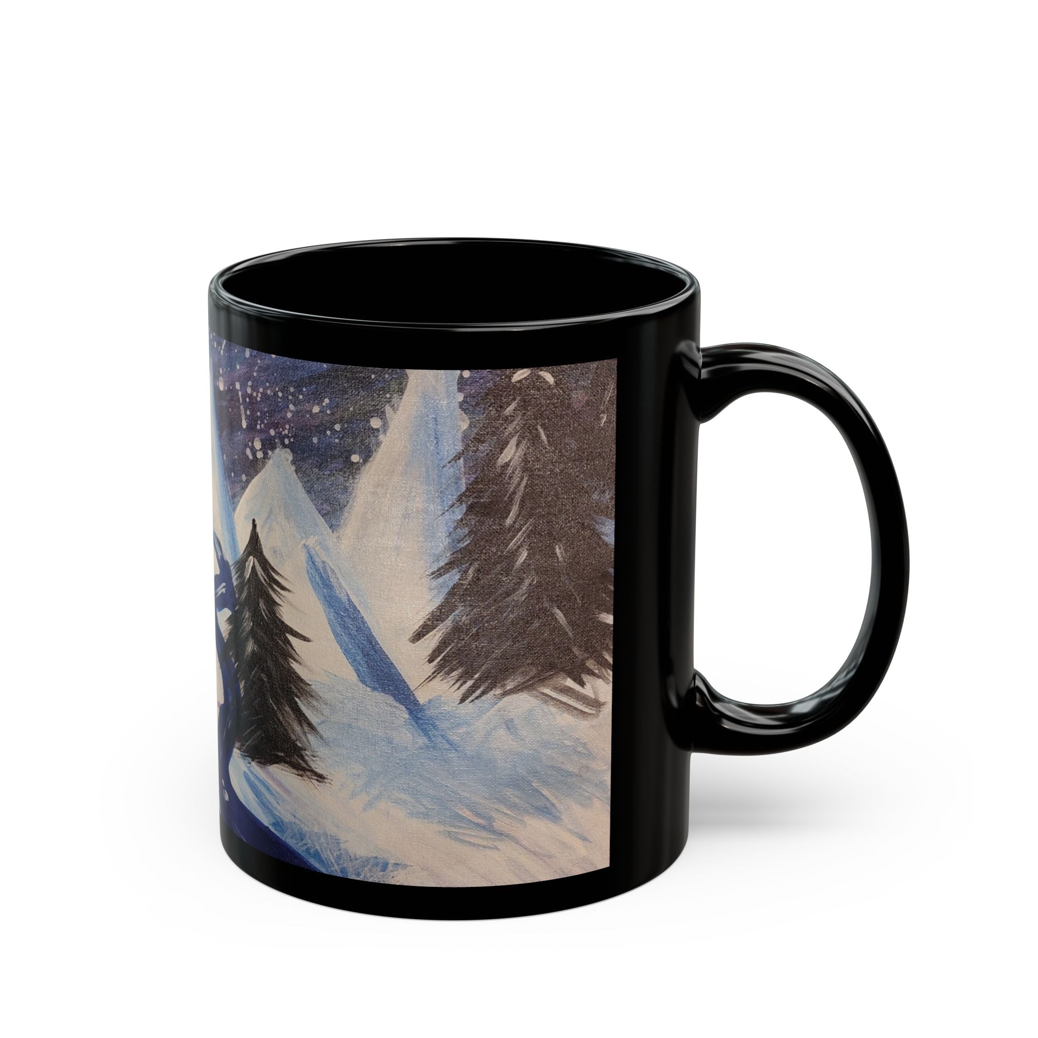 Wintery Scene Black Mug — Abstract Snowy Peaks (11oz & 15oz)