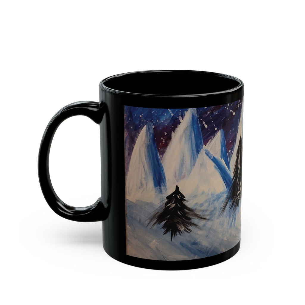 Wintery Scene Black Mug — Abstract Snowy Peaks (11oz & 15oz)