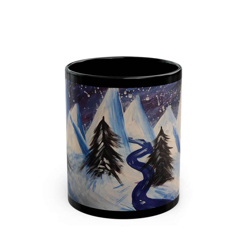 Wintery Scene Black Mug — Abstract Snowy Peaks (11oz & 15oz)